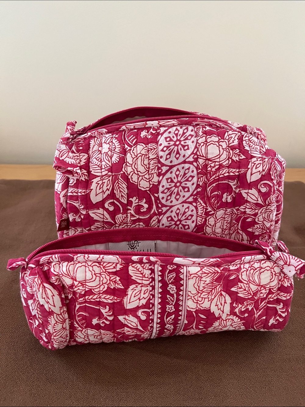 Anokhi Red & White Quilted Floral Cosmetic Bag Duo.